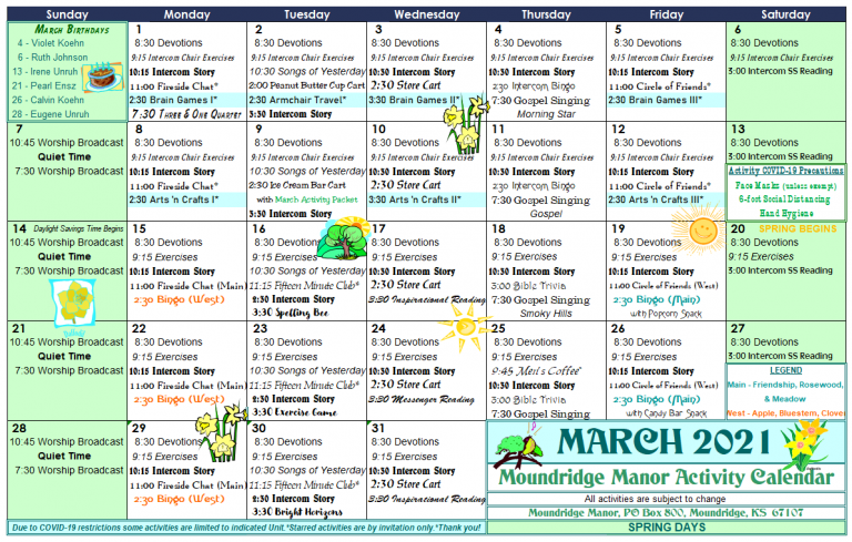 March Activity Calendar Moundridge Manor Inc